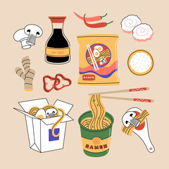 Set of ramen noodles soup. Different packing, souses, chopsticks. Traditional popular asian hot food. Hand drawn color vector illustration isolated on blue background. Flat cartoon style