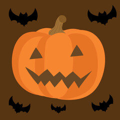 Big orange halloween pumpkin with bats. Vector. Flat style.