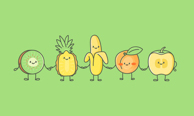 Naklejka premium Cute fruts go hand in hand after each other.