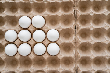 Top view of organic chicken eggs in carton tray.