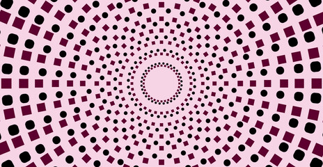 Vortex rings, a mosaic of small circles and squares. Dotted circle shape. The composition comes out of the center.