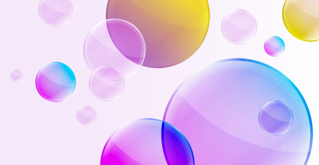 Realistic background with transparent yellow and purple bubbles and reflection effect.