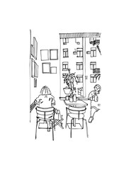 Cozy outdoor cafe, ink sketch