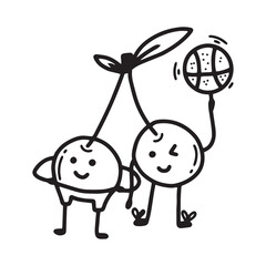 Cute cherry with a ball. Sports, hobbies, exercise. Doodle style. Vector cherry blossom kawaii style. Sports healthy cherry. The concept of doing sports.