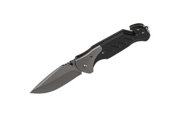 Pocket folding knife with sling cutter and cullet. Compact metal sharp knife with a folding blade. Isolate on a white back.