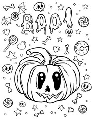 Coloring page for Halloween. Doodle outline 
 illustration. A coloring book page drawing of a Jack O Lantern Halloween pumpkin