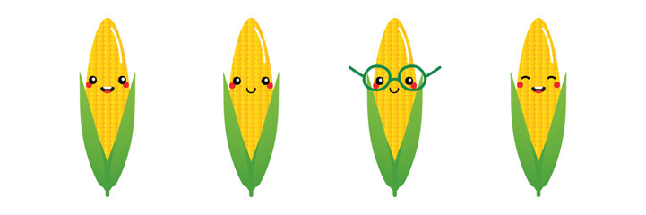 Set, collection of cute cartoon style corn characters for food and harvest design.