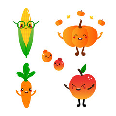Set, collection of cute cartoon style fruits and vegetables characters. Funny and smiling pumpkin, carrot, apple, corn characters for food design.