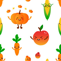Vector seamless pattern background with funny and cute pumpkin, carrot, apple, corn, berries characters for food design.
