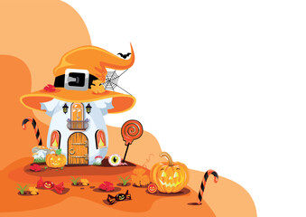 Happy halloween background in cartoon style with space for text. Vector illustration for invitation, poster or banner for halloween party.