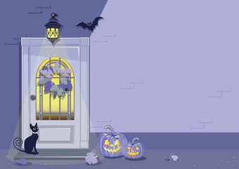Happy halloween background in cartoon style with space for text. Vector illustration for invitation, poster or banner for halloween party.