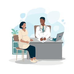 Happy pregnant woman at the doctor's appointment. Examination, consultation and examination during pregnancy. Vector illustration in a flat style.