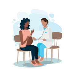 Obraz premium Happy pregnant woman at the doctor's appointment. Examination, consultation and examination during pregnancy. Vector illustration in a flat style.