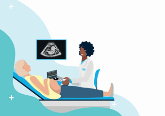 Happy pregnant woman at the doctor's appointment. Examination, consultation and examination during pregnancy. Vector illustration in a flat style.