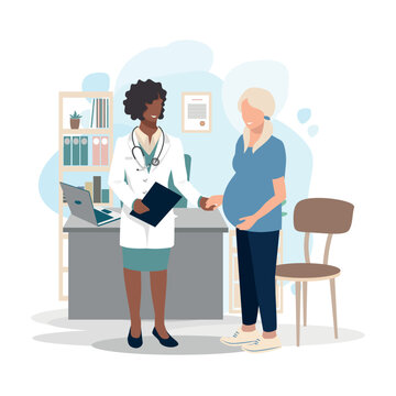 Happy pregnant woman at the doctor's appointment. Examination, consultation and examination during pregnancy. Vector illustration in a flat style.