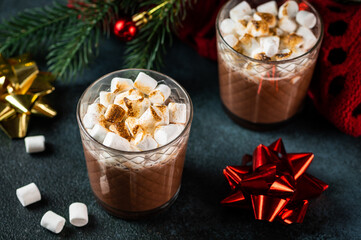 Christmas composition with homemade hot chocolate. Winter cocoa. New year drink. New year composition with cocoa. Cosy drink.