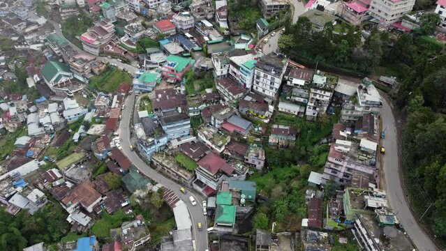 An aerial view of the houses and roads of the hill city of Kohima in Nagaland, India.