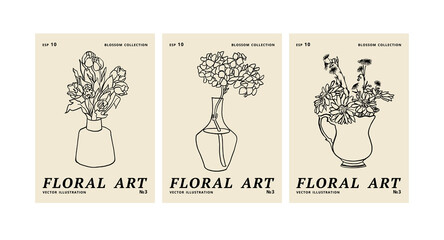 Vector illustration set of ink floral posters with different flowers and vase. Art for for prints, wall art, banner, background.