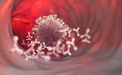 Microbe, virus, bacterium, infection 3D illustration. Antibodies in the blood. Immunity and health care