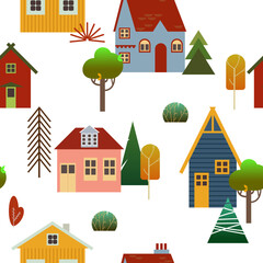 cute continuous vector pattern with autumn trees and cottages. Rustic landscape in flat style for fabrics, wallpapers, paper and more
