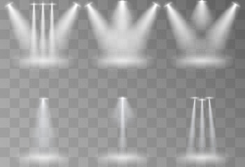 Set of white spotlights, bright lights, stage lighting isolated on transparent background. Transparent vector effect.