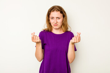 Young caucasian woman isolated on white background showing that she has no money.