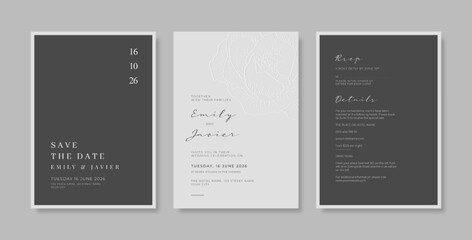 Beautiful engraved wedding invitation template. set of wedding invitation template with beautiful engraved flower. set of wedding card with flower