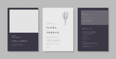 Elegant and beautiful wedding invitation template. set of wedding invitation with engraved leaves.