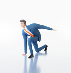 Successful businessman in suit in starting position, ready for race. 3D rendering illustration