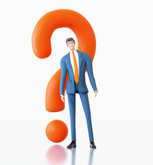 Successful businessman in suit stays next to bug question mark. 3D rendering illustration