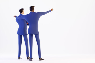 Two successful business people in suits are talking about future.  3D rendering illustration