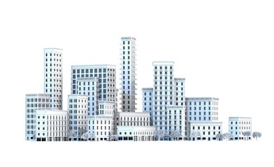 Modern city 3D rendering illustration. City centre with skyscrapers, office, corporate and apartments blocks. 