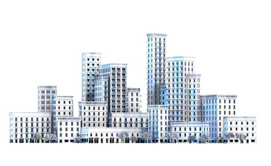 Modern city 3D rendering illustration. City centre with skyscrapers, office, corporate and apartments blocks. 