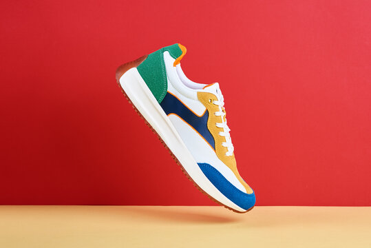 Trendy sneakers on creative colorful background, Stylish fashionable minimalism concept