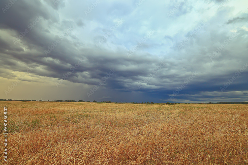 Wall mural cloudscape field hay rolls sky clouds autumn, gloomy weather agriculture