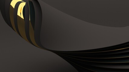 Abstract gold on black wallpaper 3d render. Elegant dark luxury background. Paper 3d gradient black template design.