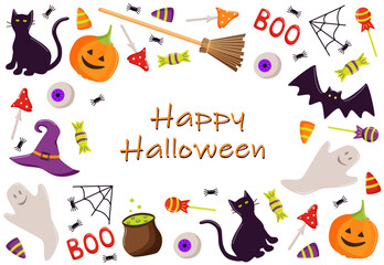 Fototapeta premium Cartoon set of Halloween icons, vector doodle illustration, holiday elements day of the dead.