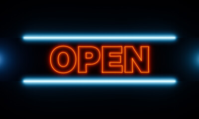 Open sign. Neon illuminated sign with the word open. Neon color orange and blue. Business, retail and marketing concept. 3D illustration