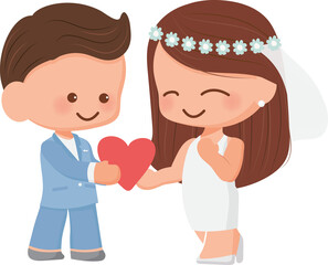 cute cartoon wedding couple in blue suit and dress