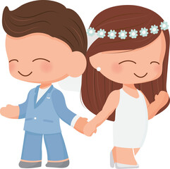 cute cartoon wedding couple in blue suit and dress