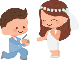 cute cartoon wedding couple in blue suit and dress