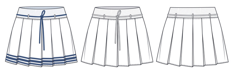 Pleated Skirt technical fashion illustration, concept design. Mini Skirt fashion flat drawing template, pleated, elastic waistband, front, back view, white, CAD mockup set.