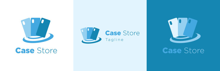 Mobile phone case logo design set, smartphone protection accessories business symbol, mobile device product store brand identity emblem concept, technology gadget editable commercial logotype