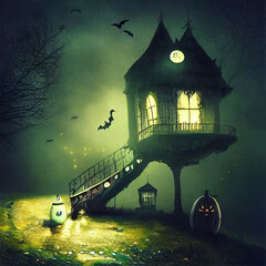 spooky halloween night  house  , digital art - obrazy, fototapety, plakaty