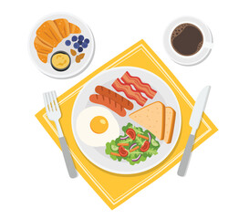 Eating breakfast with fresh croissants and coffee in the morning. Breakfast is the first meal of a day for life. foods with benefits. Traditional breakfast