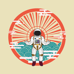 astronout illustration design with japanese style background
