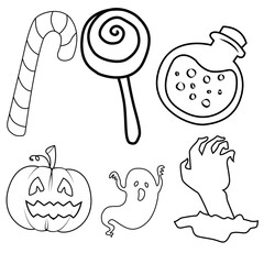 Halloween doodle, Line art Halloween Icons Big Set. Scary Sweets and Treats Icons Collection.