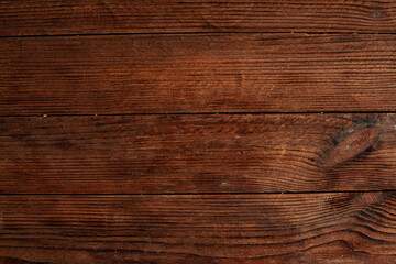 Vintage brown wood background texture with knots and nail holes. Old painted wood wall. Brown abstract background. Vintage wooden dark horizontal boards. Front view with copy space. Background for des
