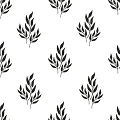 Fototapeta na wymiar Pattern with sprigs. Decorative seamless pattern design isolated on white background. Print with leaves. Vector illustration for fabrics, greeting cards, wallpapers, gift wrapping paper, web page etc.