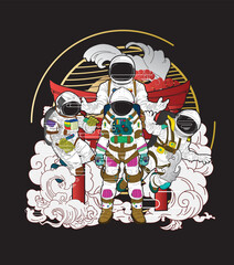 astronout illustration design with japanese style background
